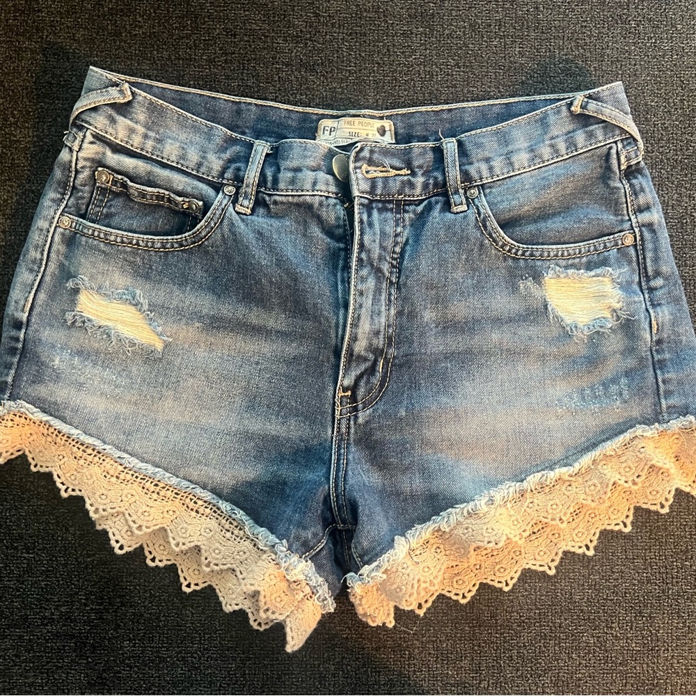 Free People Blue Jean Shorts with Lace Trim